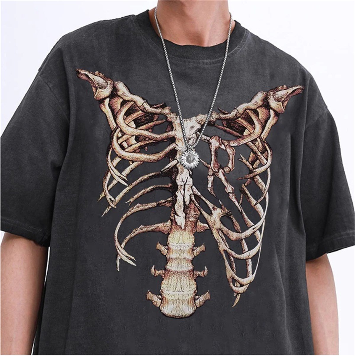 Yıkamalı Kumaş Skeleton Unisex Oversize T-shirt