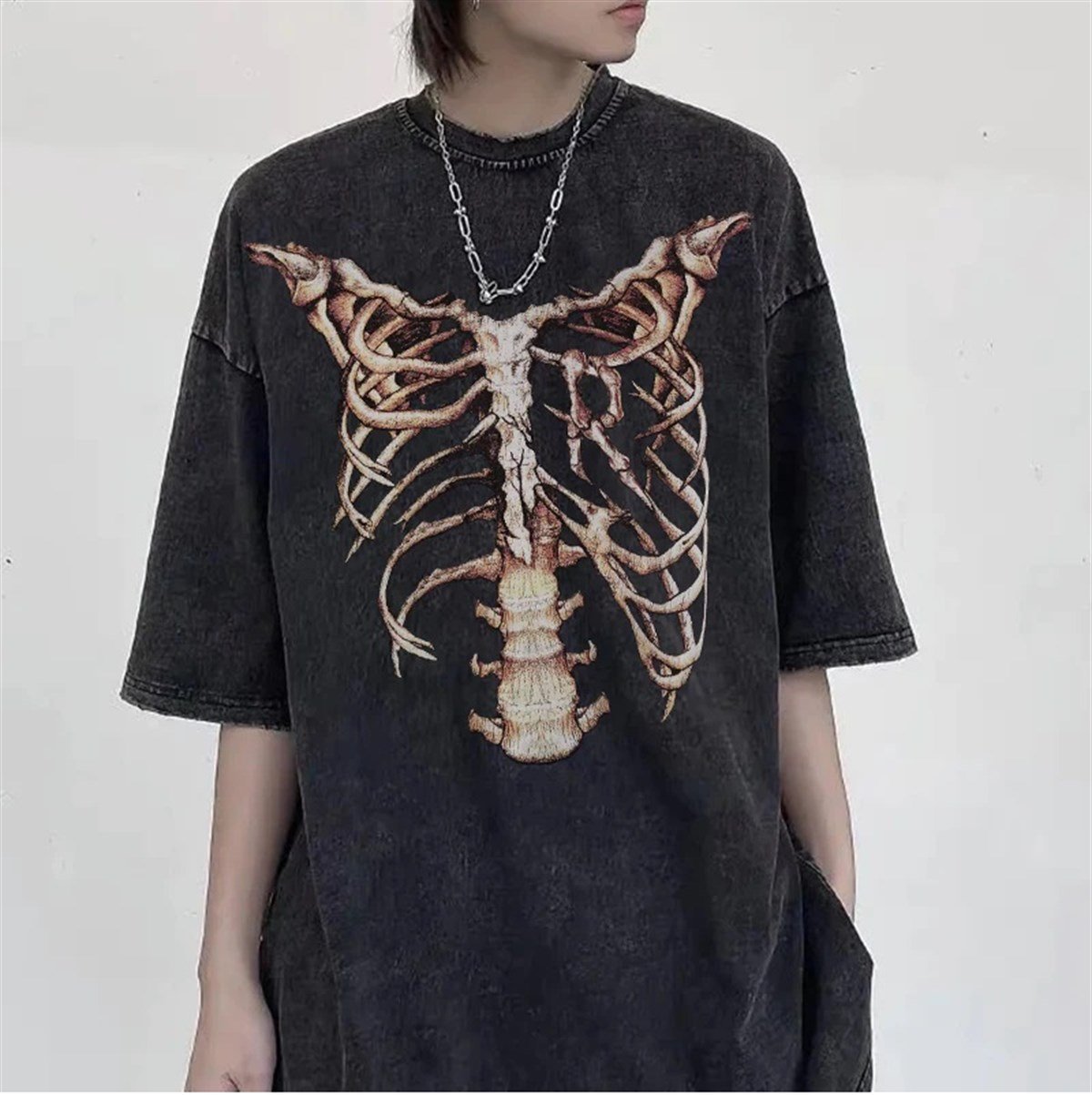 Yıkamalı Kumaş Skeleton Unisex Oversize T-shirt