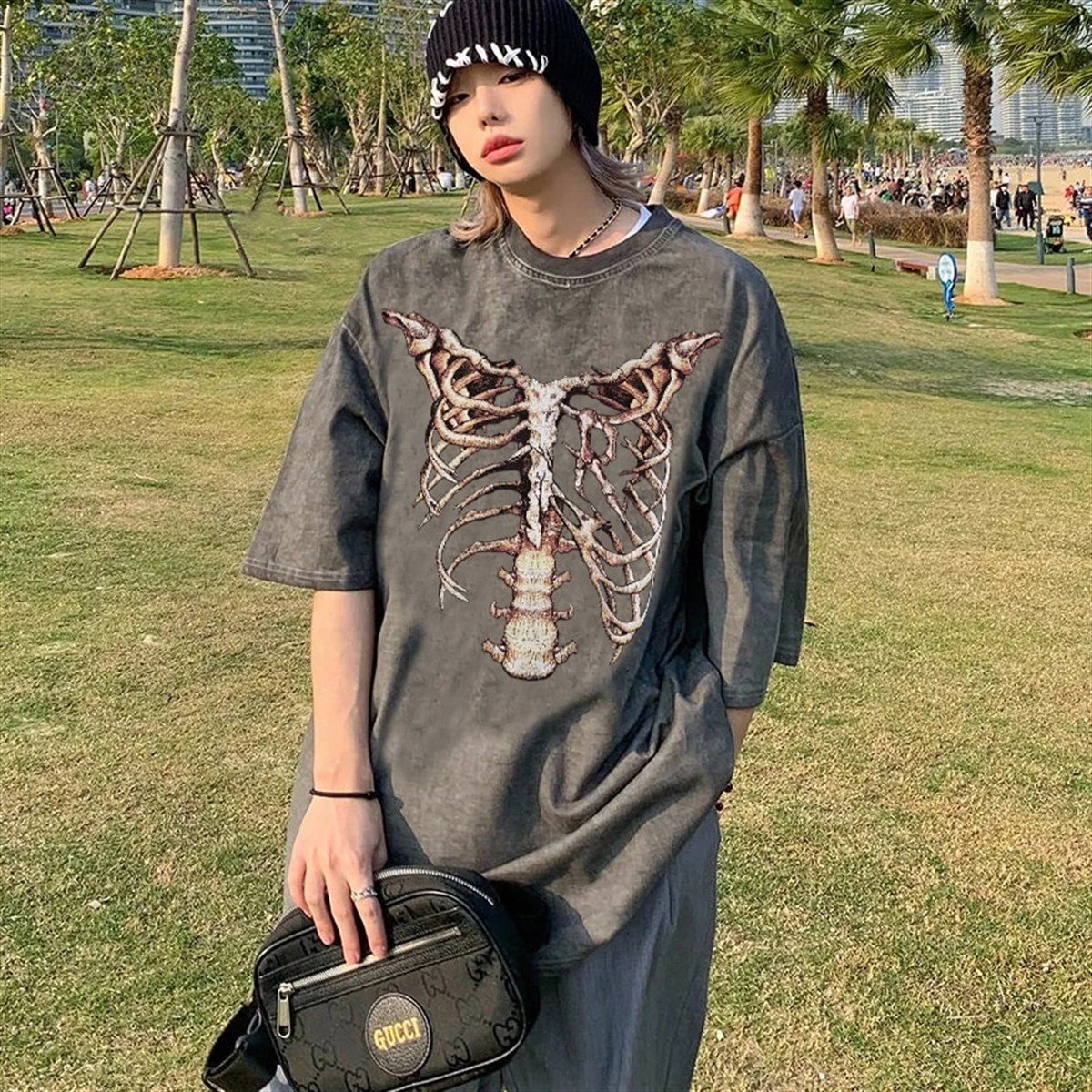 Yıkamalı Kumaş Skeleton Unisex Oversize T-shirt