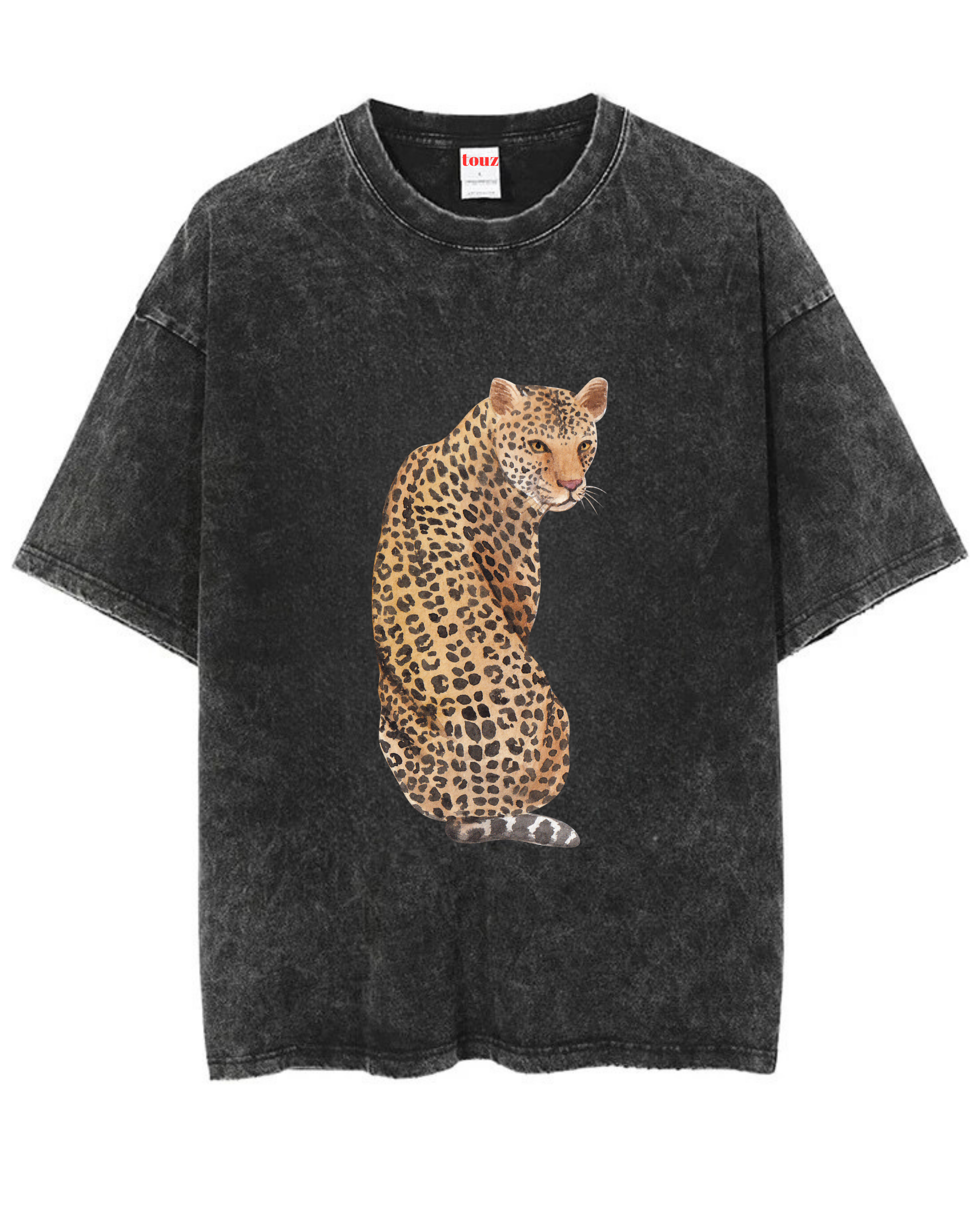 Yıkamalı Leopar Baskılı Unisex Oversize Vintage T-shirt