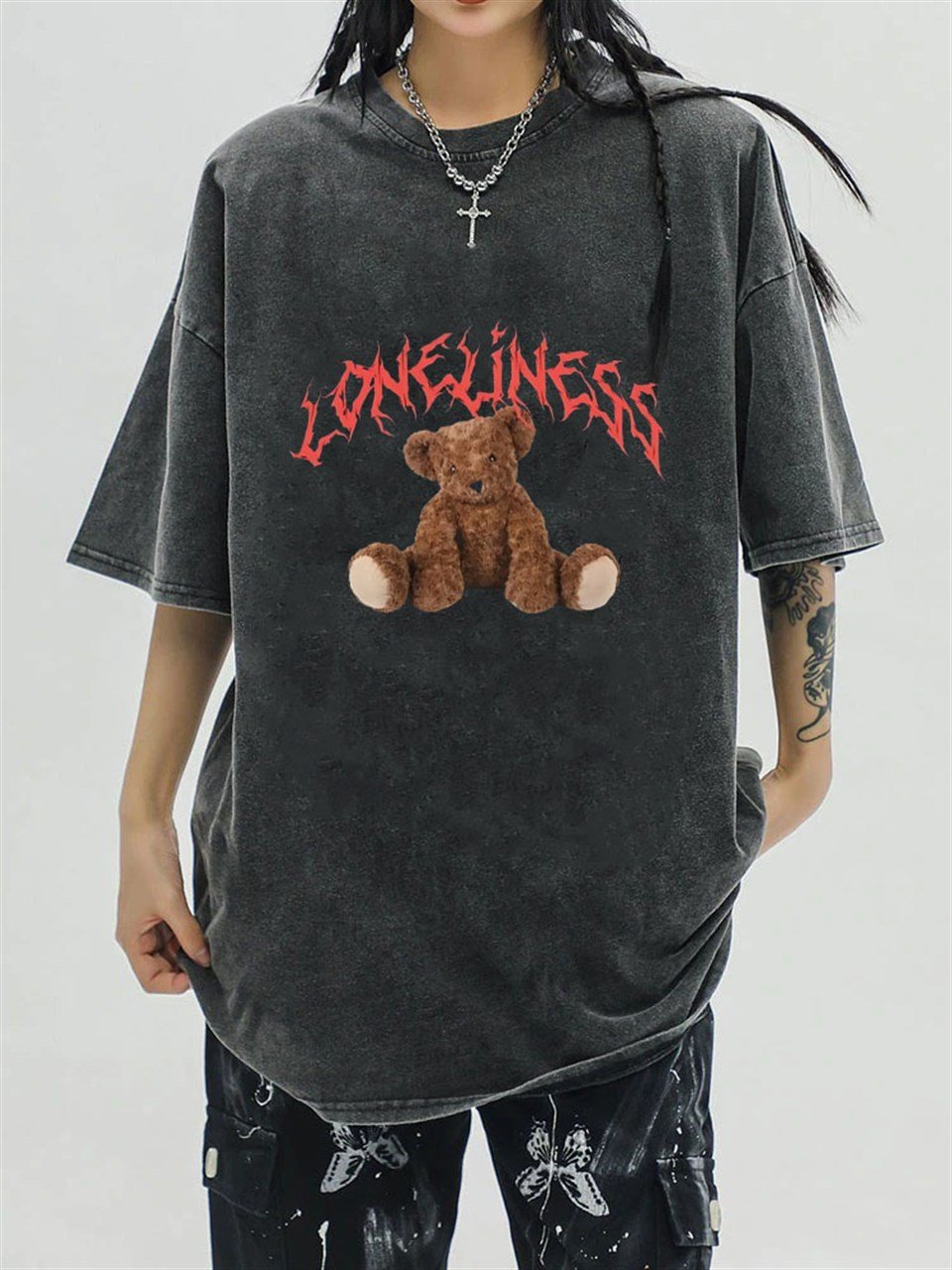Yıkamalı 'Loneliness' Bear Unisex Eskitme T-shirt