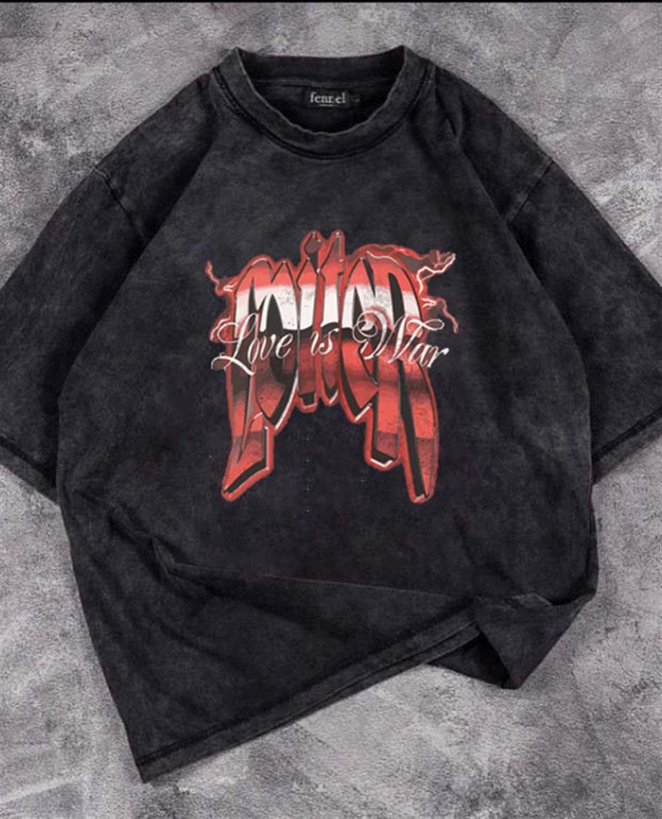 Yıkamalı Love Is War Baskılı Unisex Oversize Eskitme T-shirt
