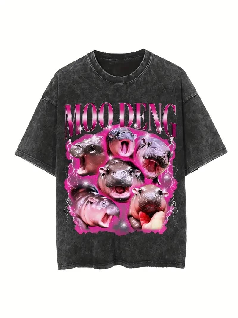 Yıkamalı Moo Deng Baskılı Unisex Oversize Vintage T-shirt