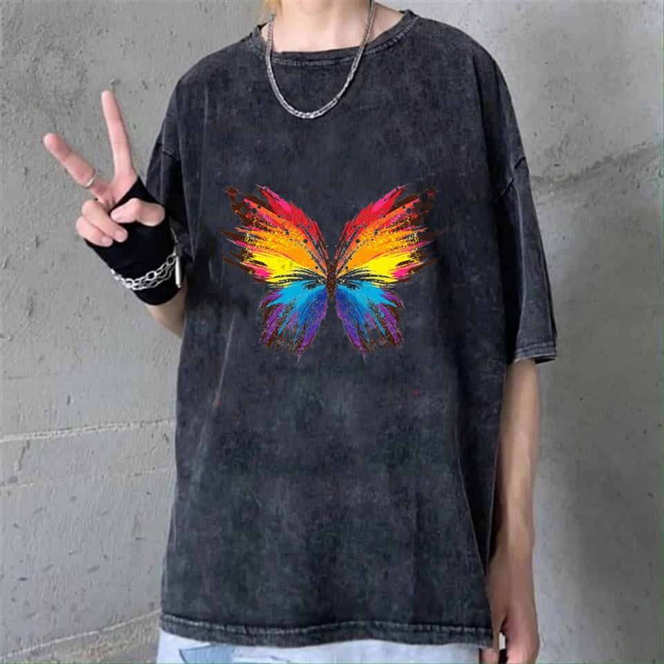 Yıkamalı Rainbow Butterfly Unisex Eskitme T-shirt