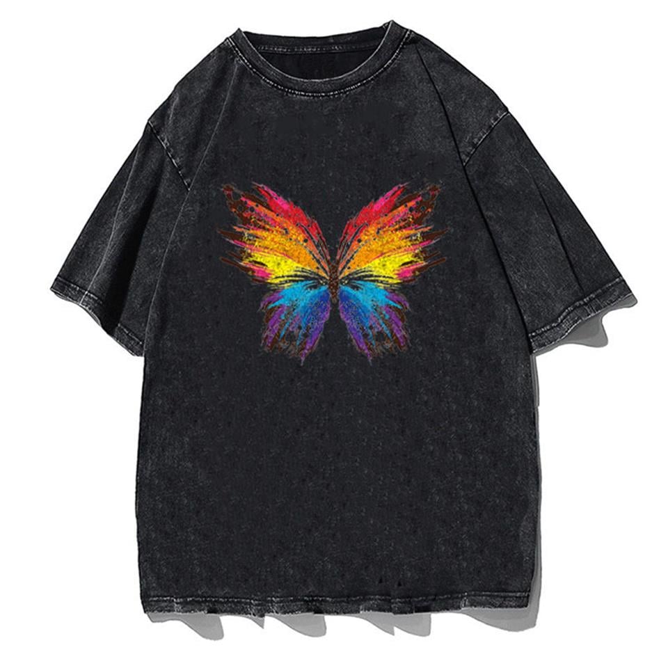 Yıkamalı Rainbow Butterfly Unisex Eskitme T-shirt