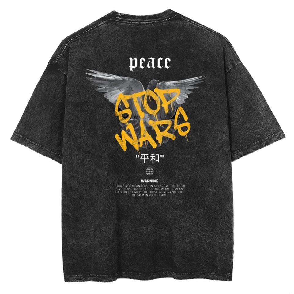 Yıkamalı Sırt Baslılı Peace Unisex Eskitme T-shirt