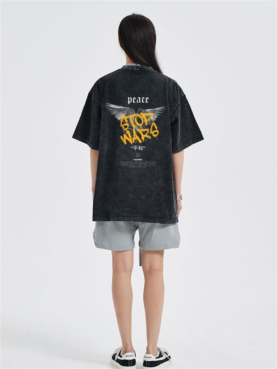 Yıkamalı Sırt Baslılı Peace Unisex Eskitme T-shirt