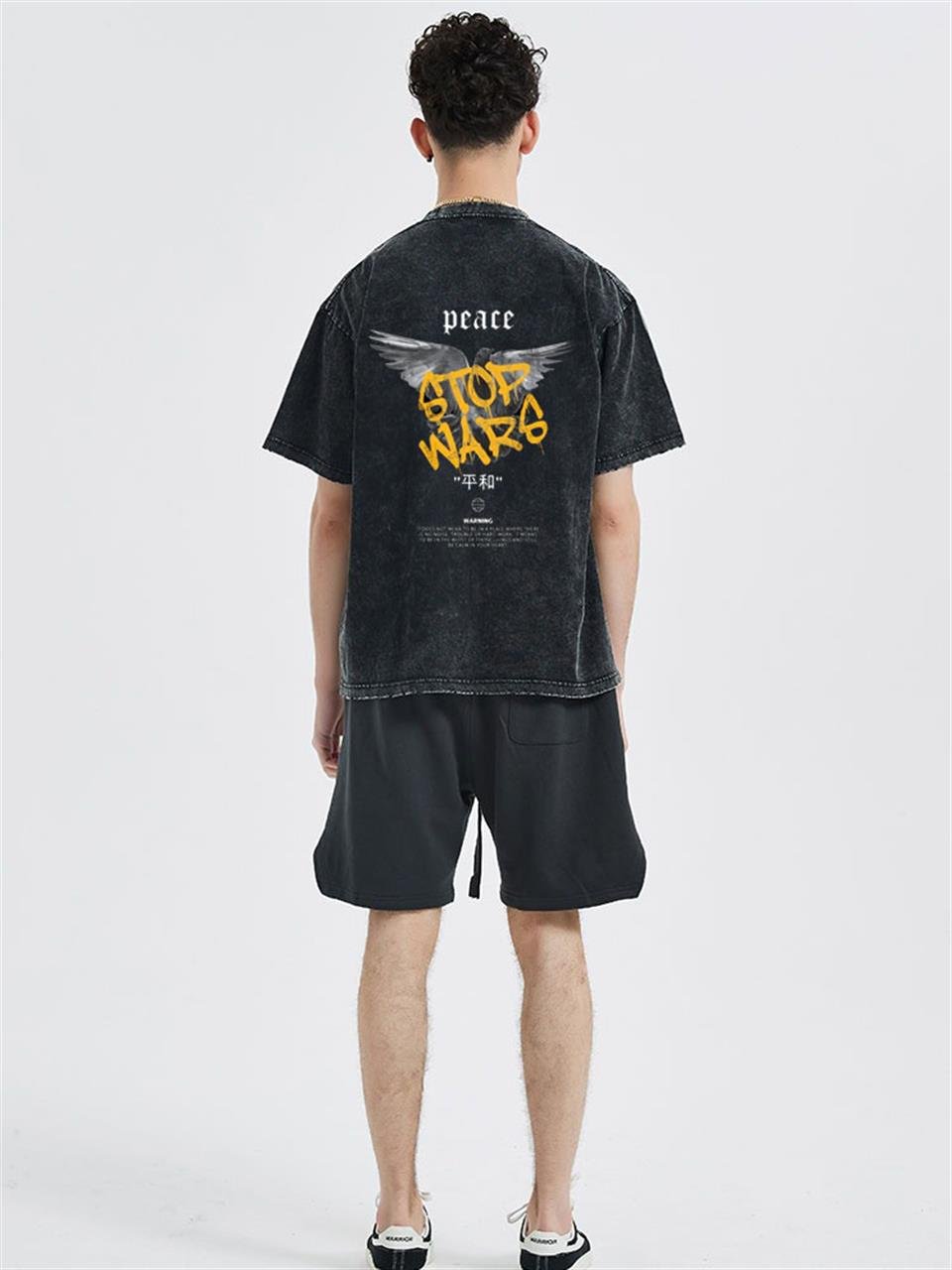 Yıkamalı Sırt Baslılı Peace Unisex Eskitme T-shirt