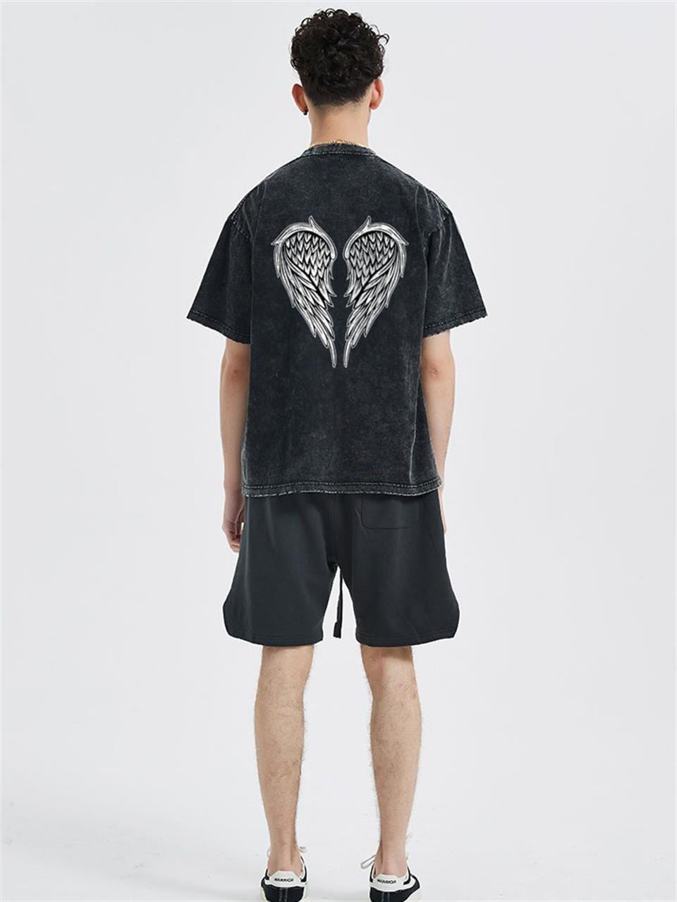 Yıkamalı Sırt Baslılı Wing Skeleton Unisex Eskitme T-shirt
