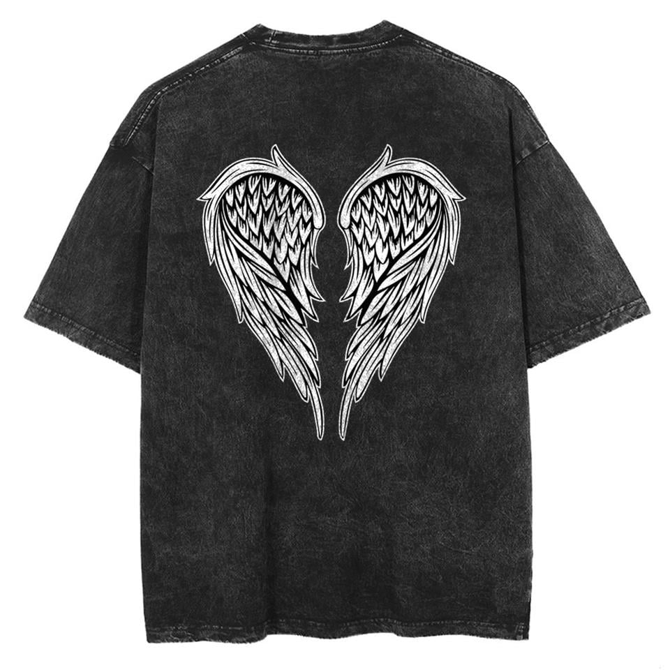 Yıkamalı Sırt Baslılı Wing Skeleton Unisex Eskitme T-shirt