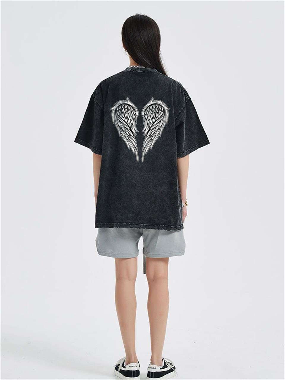 Yıkamalı Sırt Baslılı Wing Skeleton Unisex Eskitme T-shirt