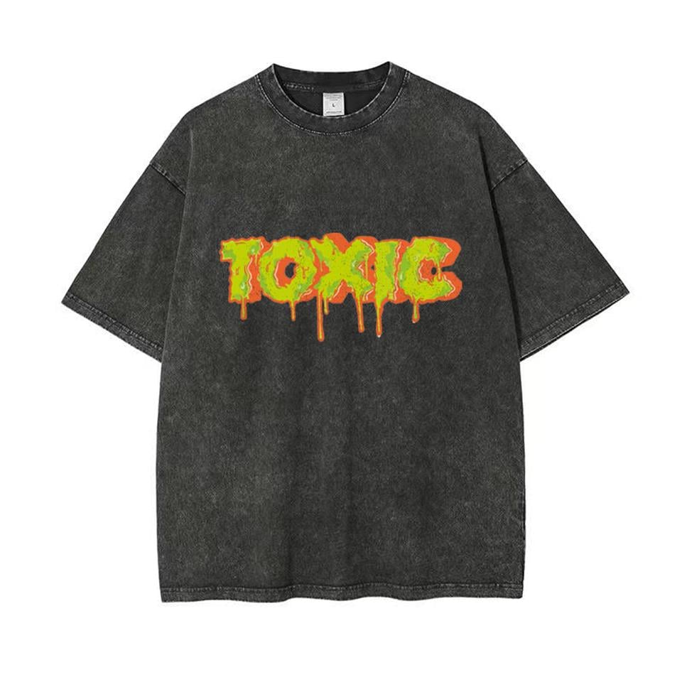 Yıkamalı Toxic Baskılı Unisex Oversize Eskitme T-shirt