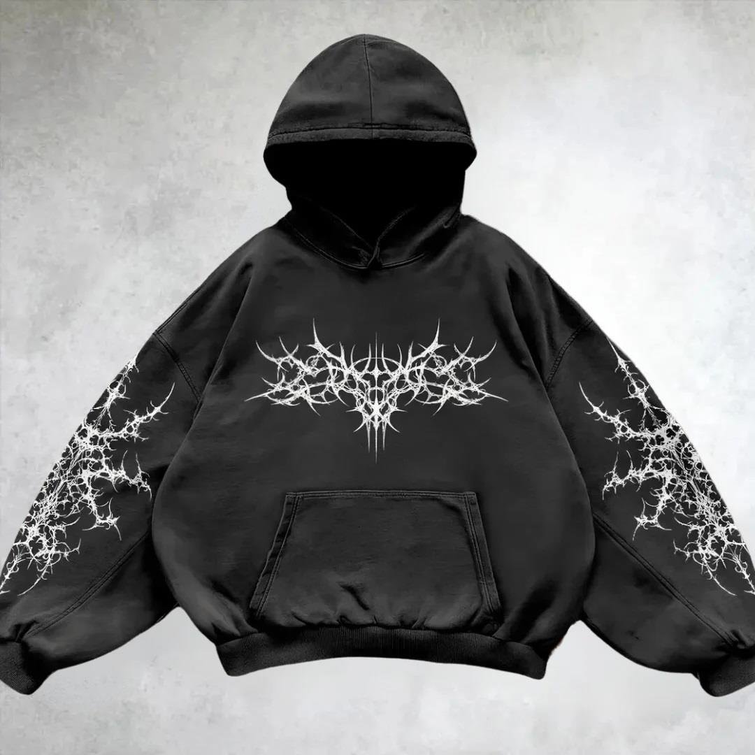 Yıkamalı White Gothic Vintage Kapüşonlu Sweatshirt