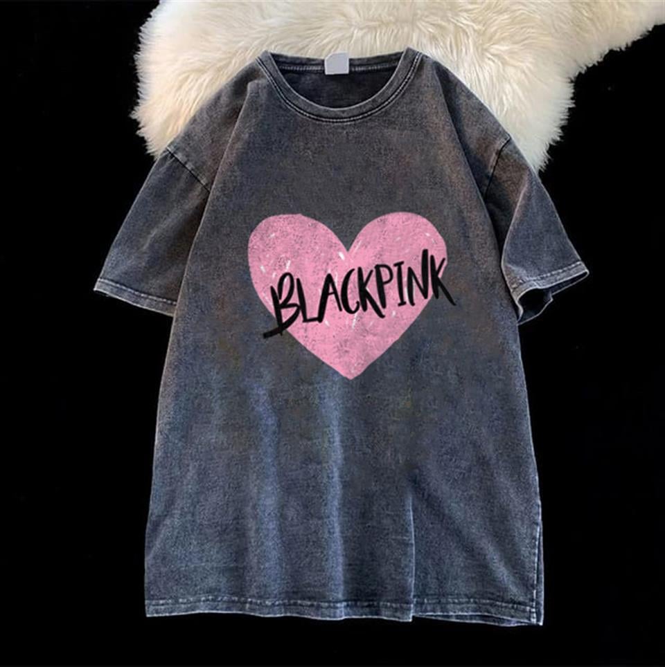 Yıkmalı Black Pink Heart Unisex Eskitme T-shirt