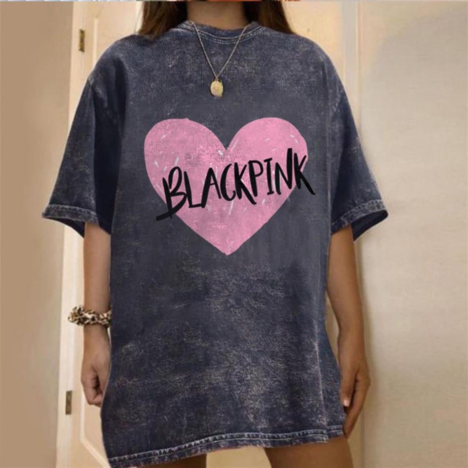 Yıkmalı Black Pink Heart Unisex Eskitme T-shirt