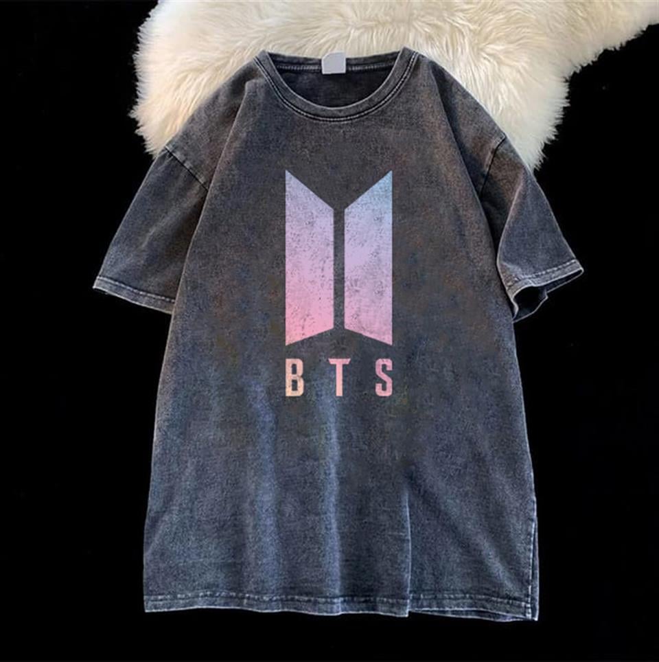 Yıkmalı BTS Logo Unisex Eskitme T-shirt
