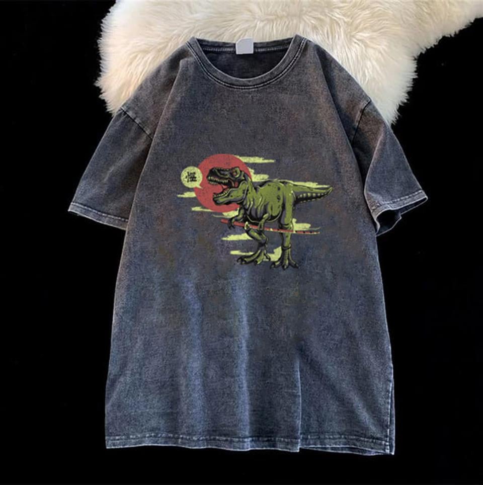 Yıkmalı Dinosaur Unisex Eskitme T-shirt