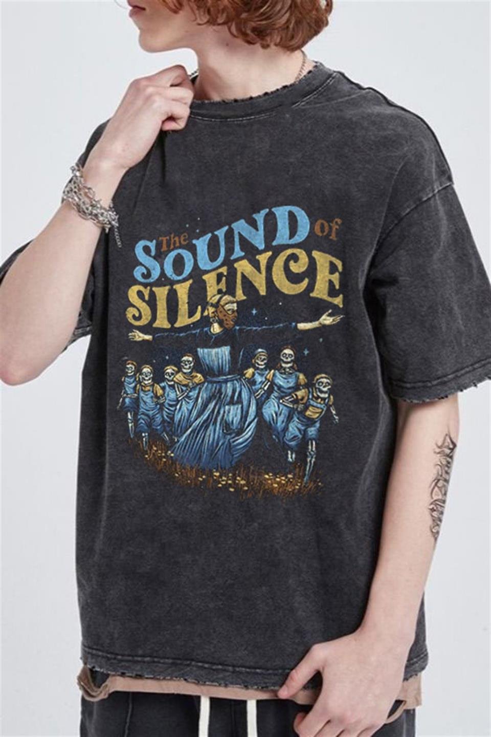 Yıkmalı The Sound Of Silence Unisex Eskitme T-shirt