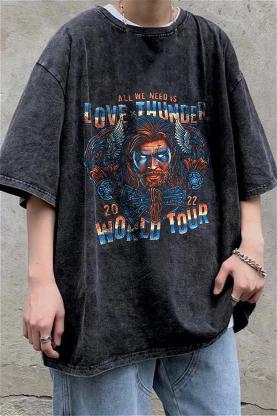 Yıkmalı Thor Love Thunder Unisex Eskitme T-shirt