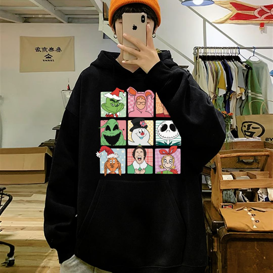 Yılbaşı Karakter Baskılı Siyah Unisex Oversize Kapüşonlu Sweatshirt