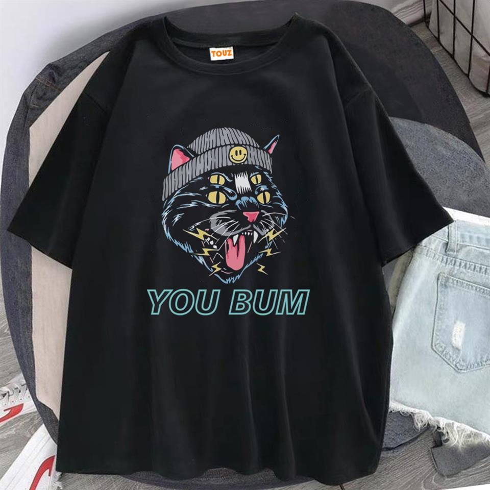 You Bum Cat Baskılı Siyah Unisex Oversize T-shirt