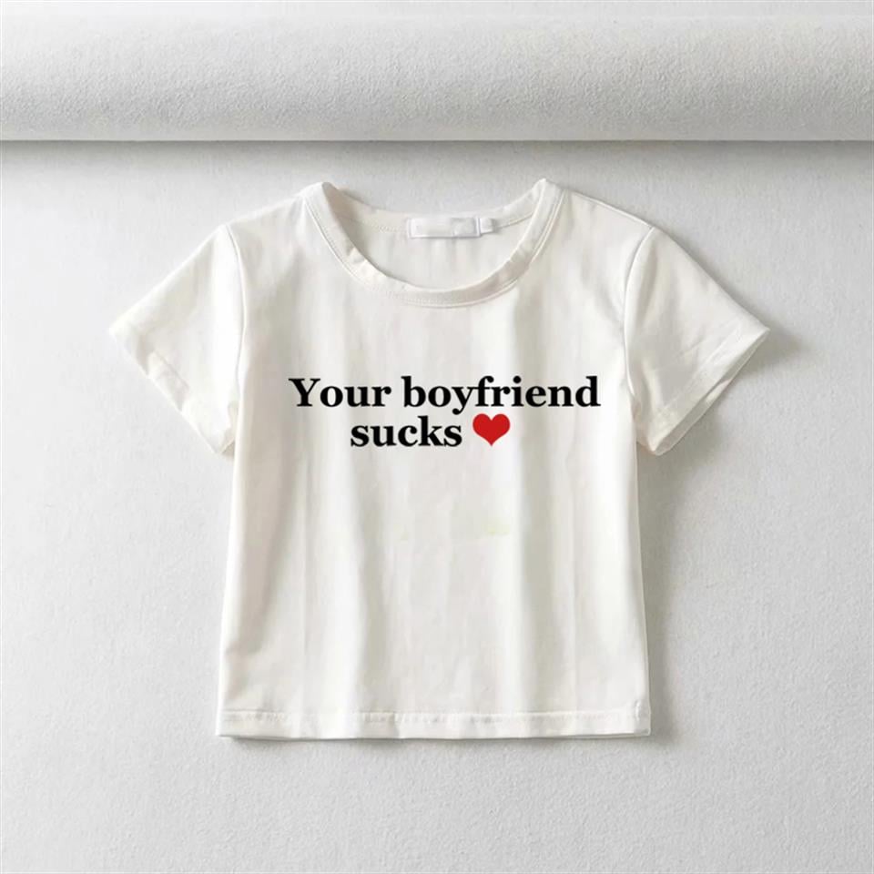 Your Boyfriend Sucks Baskılı Beyaz Crop
