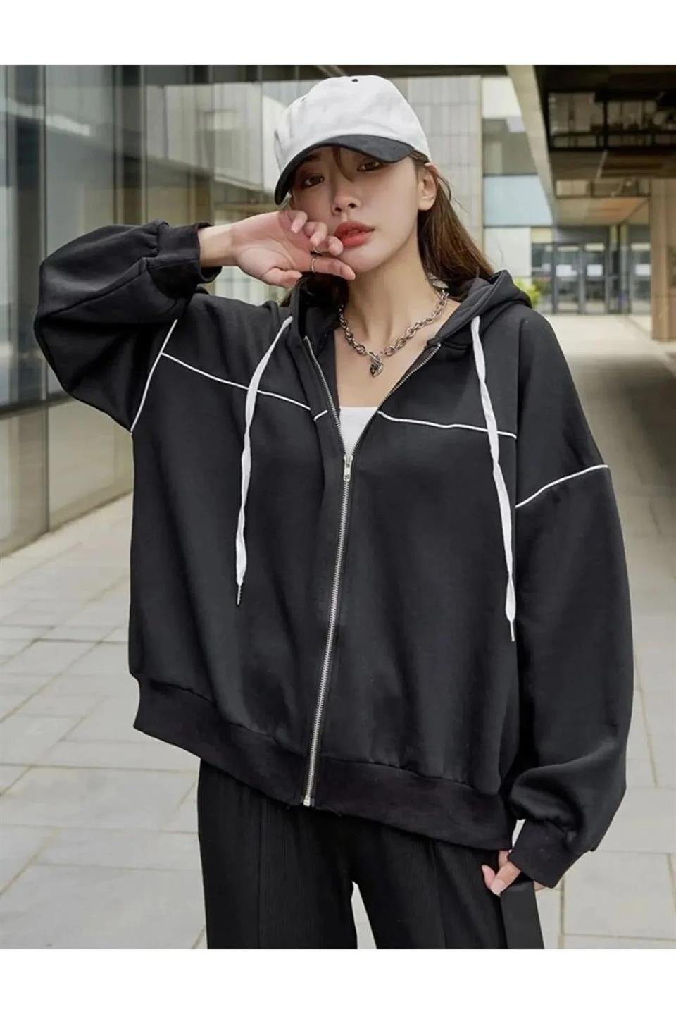 Zip Detaylı Sokak Tarzı Harajuku Oversize Fermuarlı Siyah Unisex Kapüşonlu Hırka