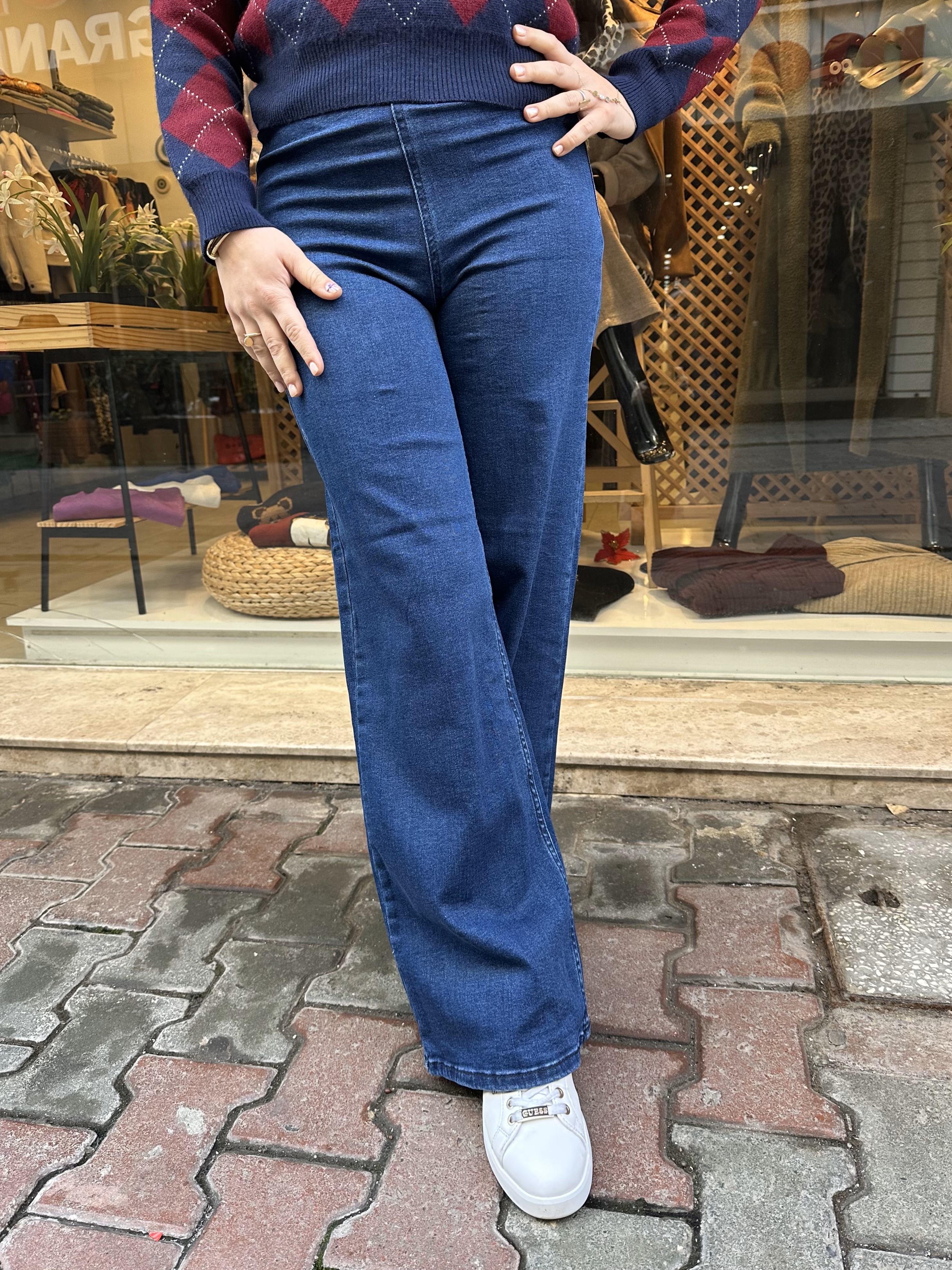 Beli Kemer Lastikli Likralı Bol Paça Jean