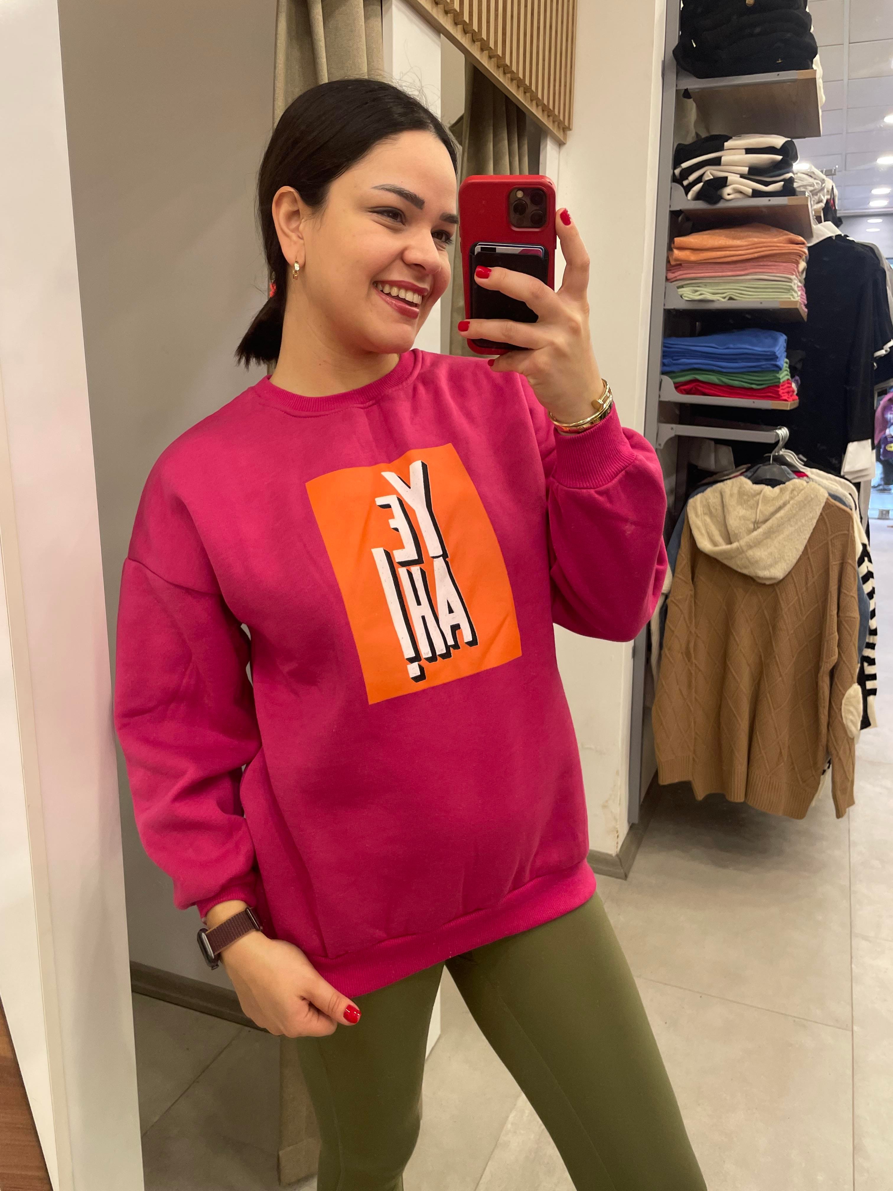 Fuşya Turuncu Baskılı Sweatshirt