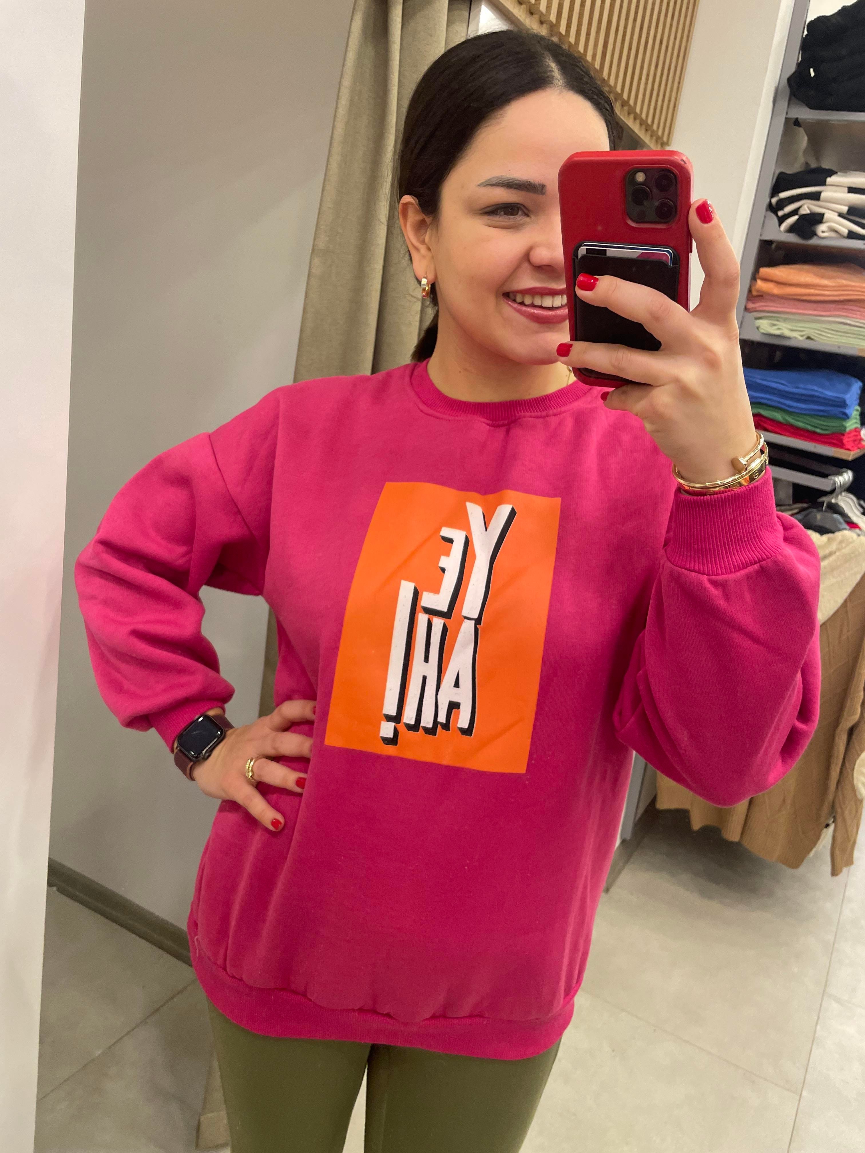 Fuşya Turuncu Baskılı Sweatshirt