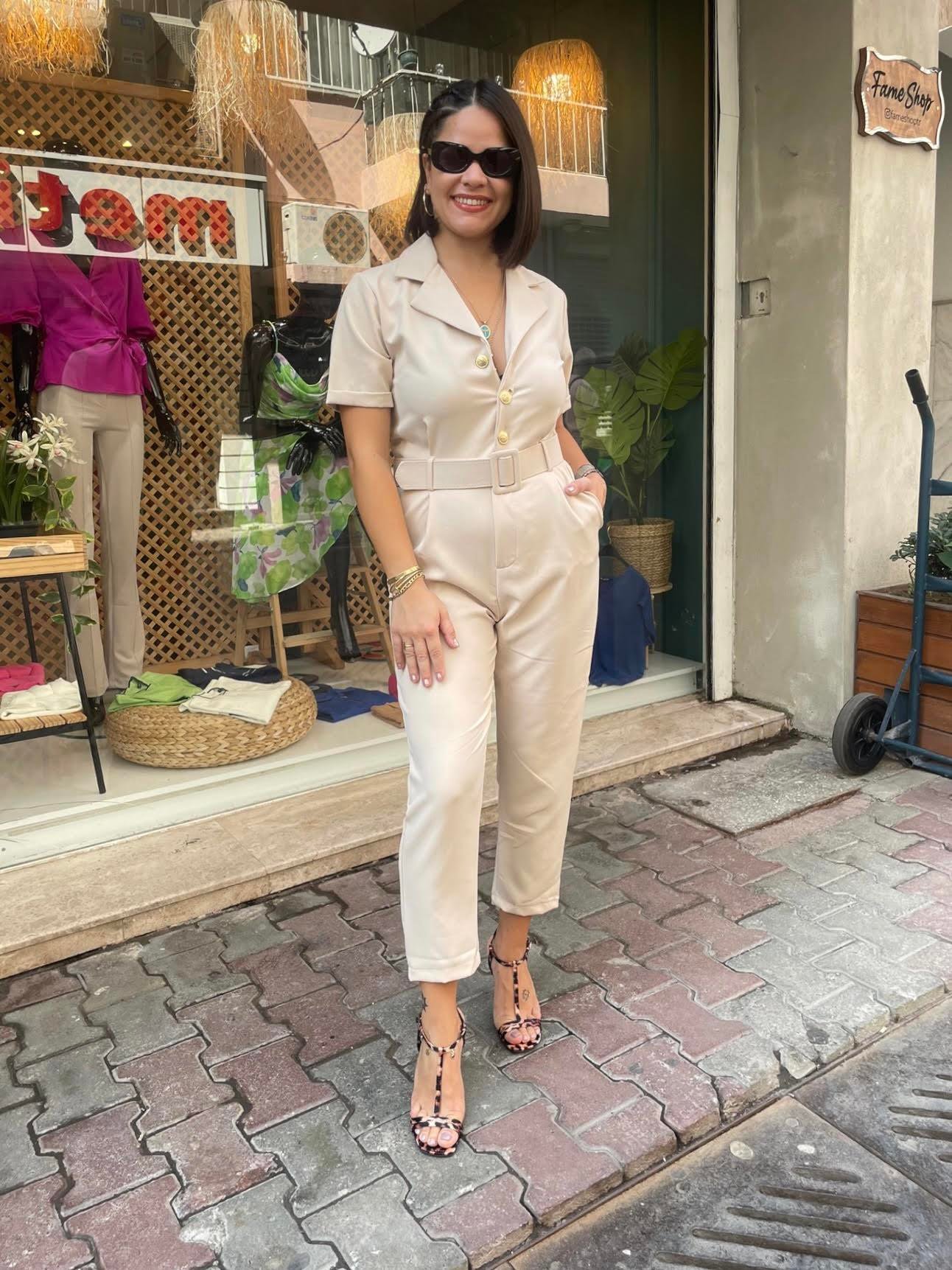 Gold Düğme Detaylı Crep Tulum