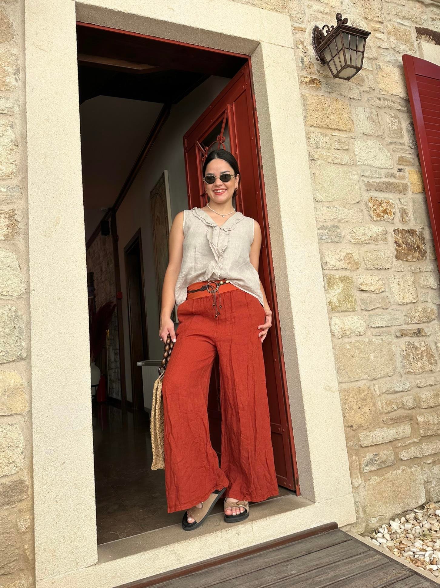 İthal Beli Lastikli Kemerli Kiremit Rengi Keten Pantolon