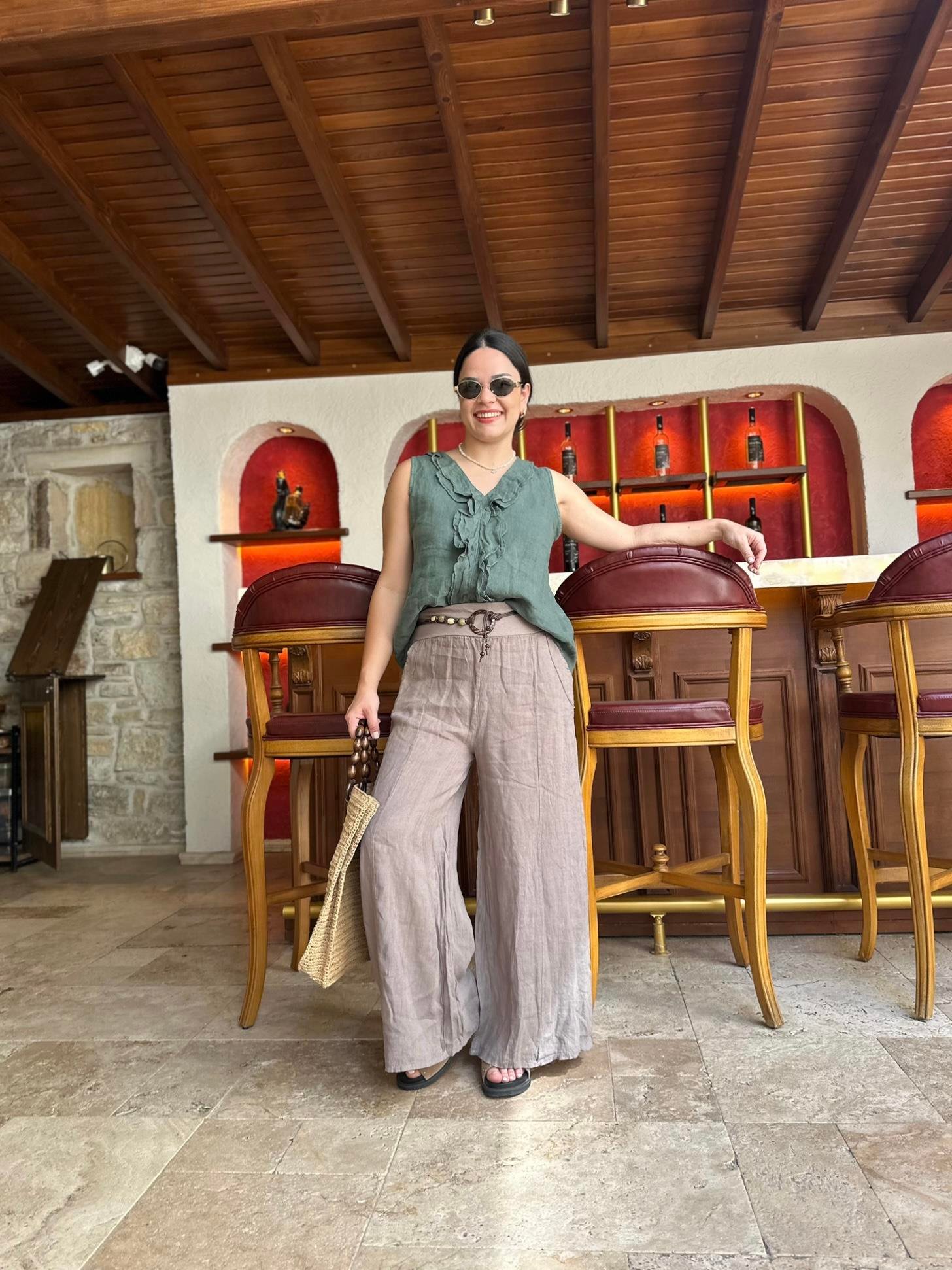 İthal Beli Lastikli Kemerli Vizon Keten Pantolon