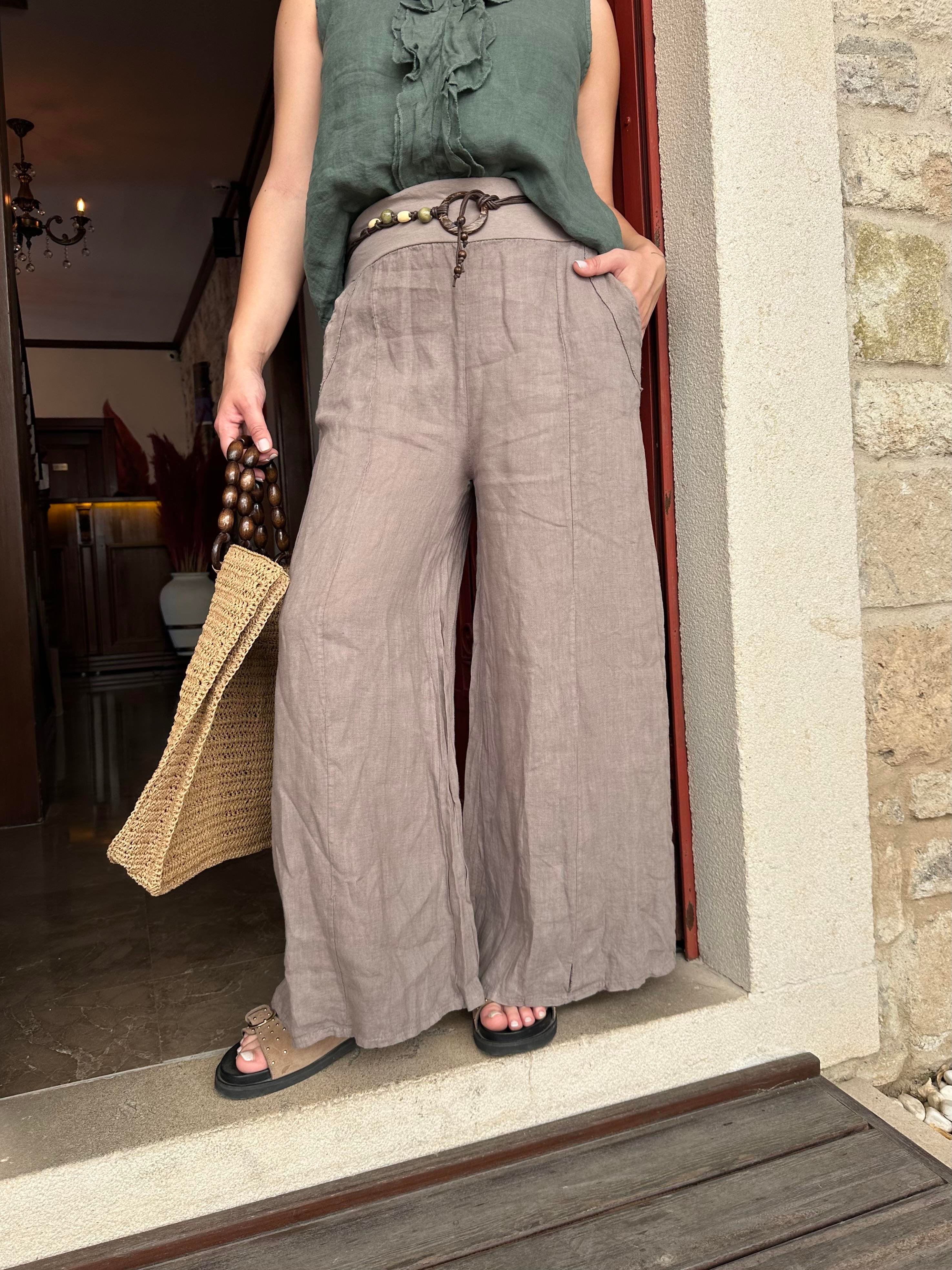 İthal Beli Lastikli Kemerli Vizon Keten Pantolon