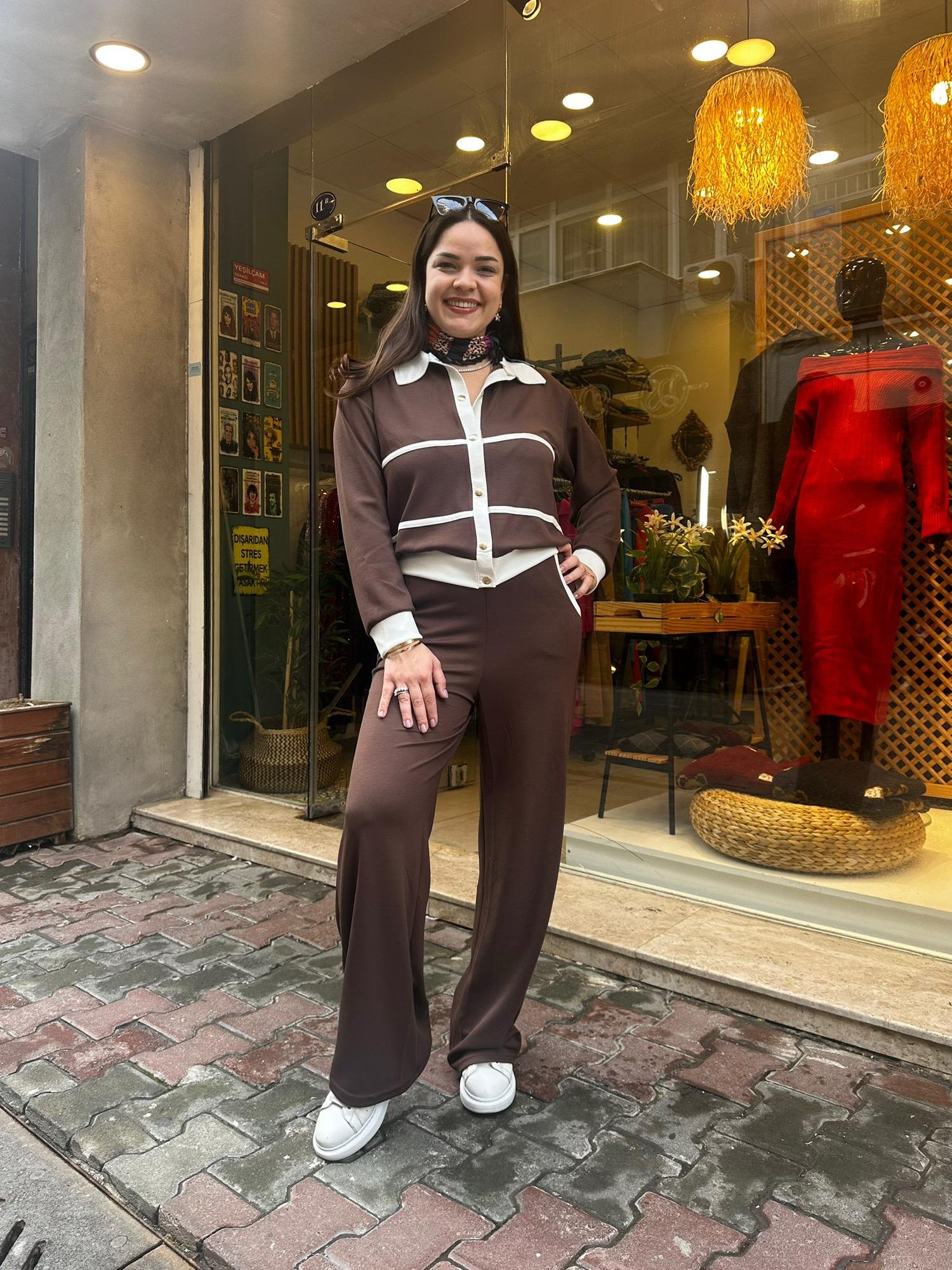 Kahverengi Modal Kumaş Çizgili Eşofman Takımı