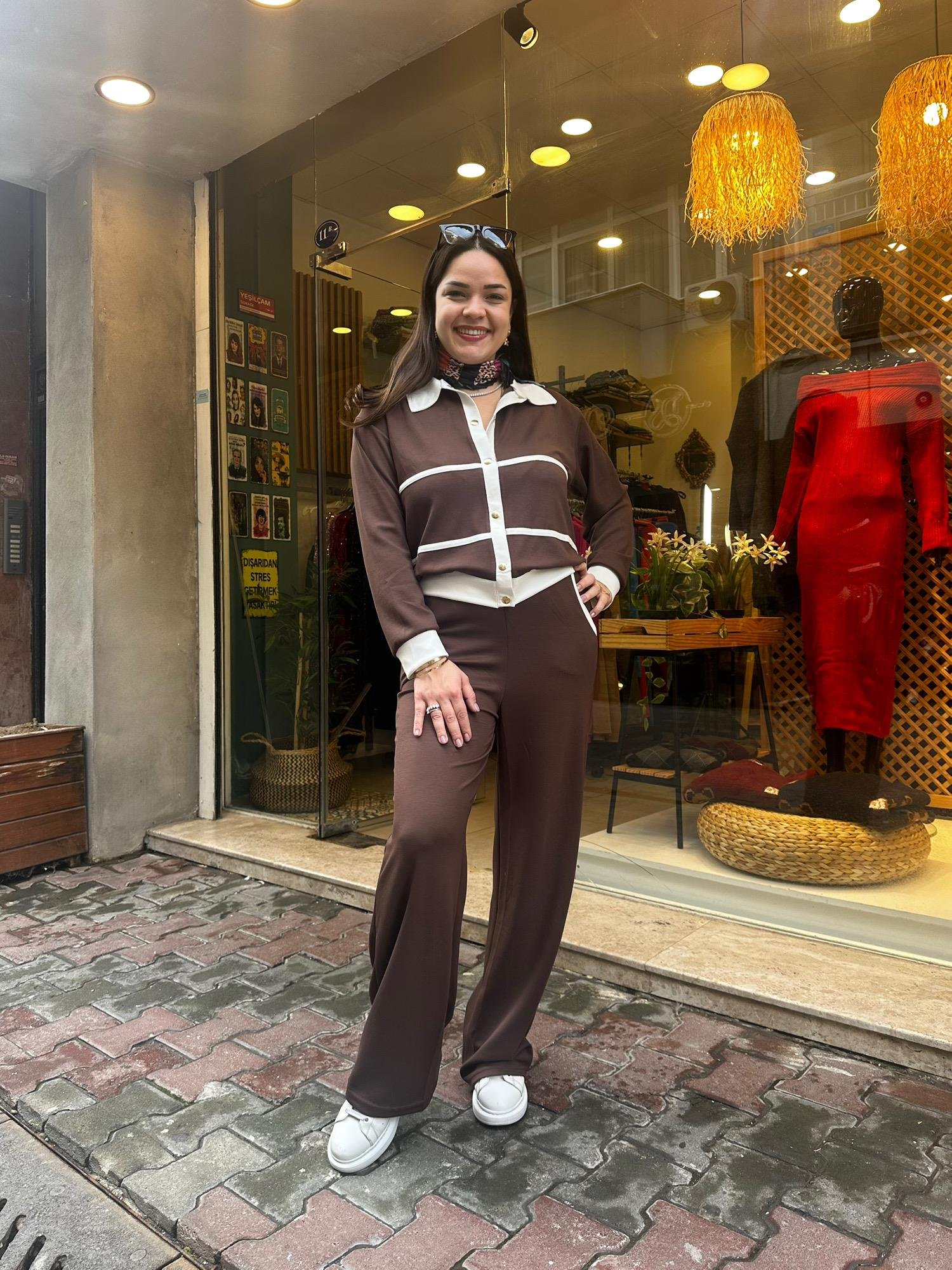 Kahverengi Modal Kumaş Çizgili Eşofman Takımı