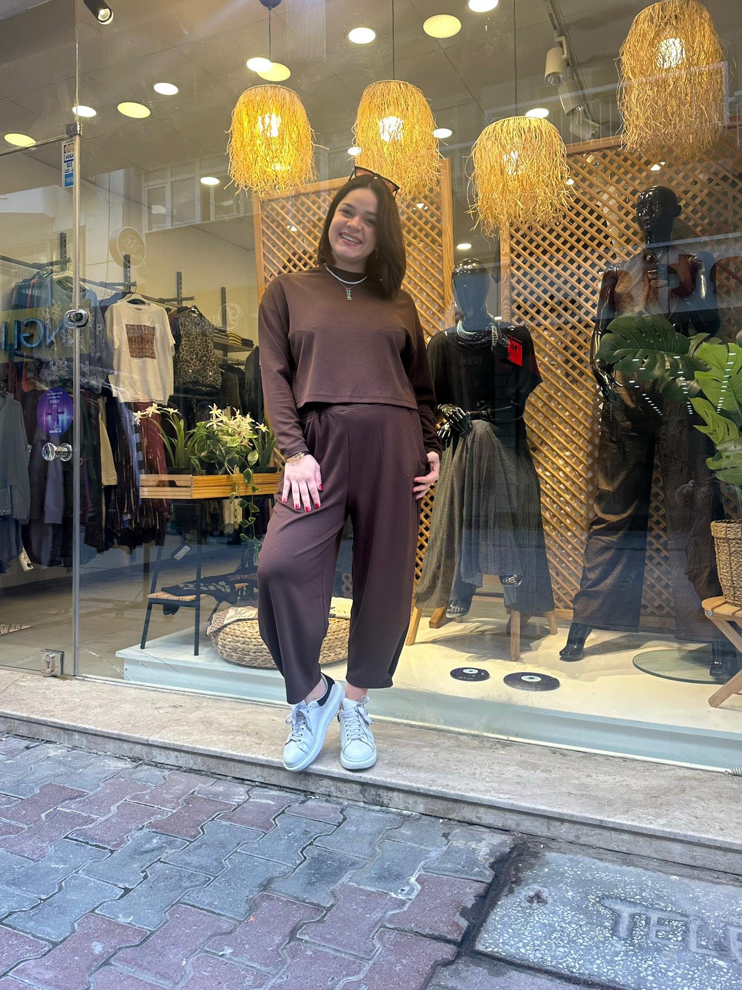 Kahverengi Modal Şalvar İkili Takım