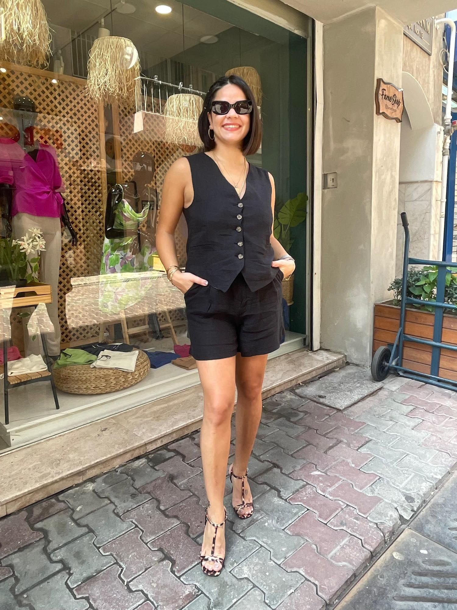 Keten Şortlu Yelekli Takım