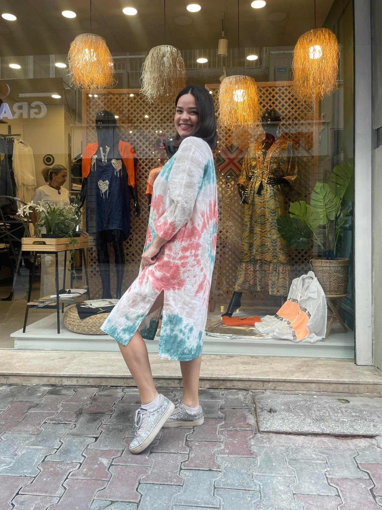 Mercan Batik Desenli Ham Keten Elbise