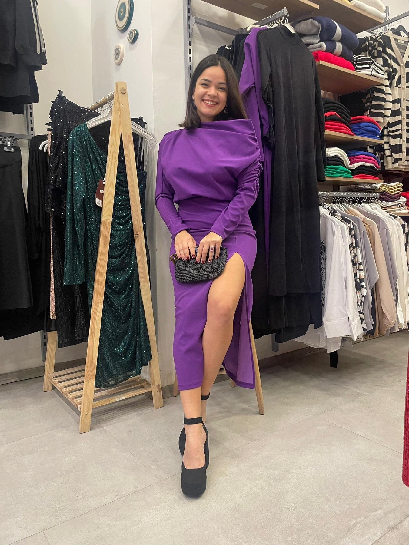 Mor Drape Detaylı Elbise