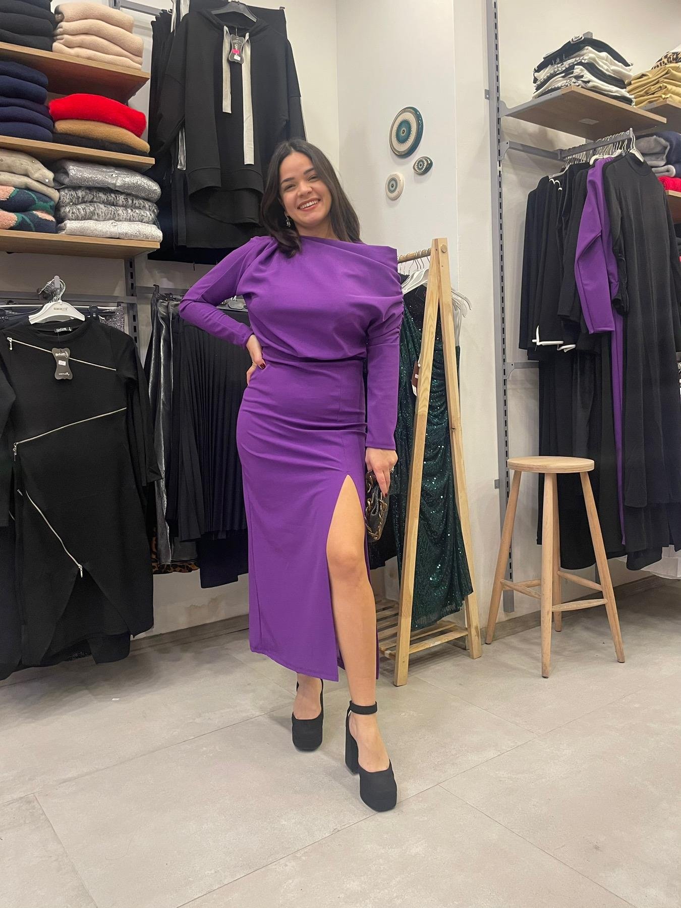 Mor Drape Detaylı Elbise