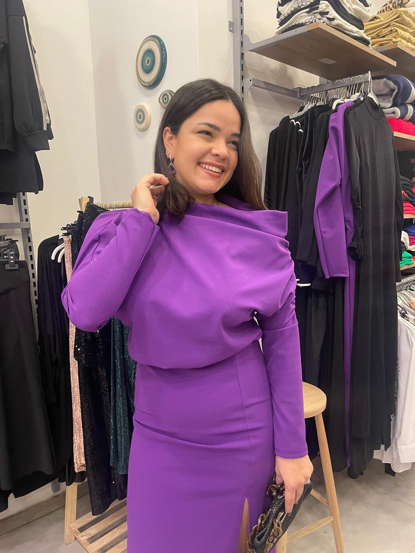 Mor Drape Detaylı Elbise