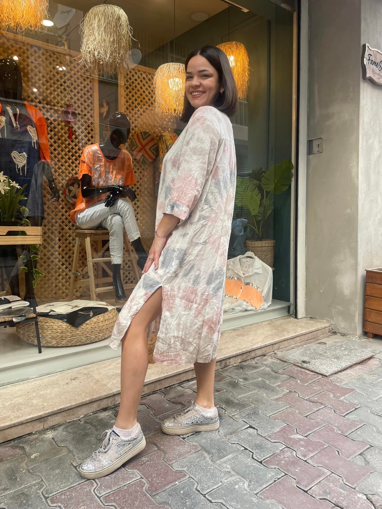 Pudra Batik Desenli Ham Keten Elbise