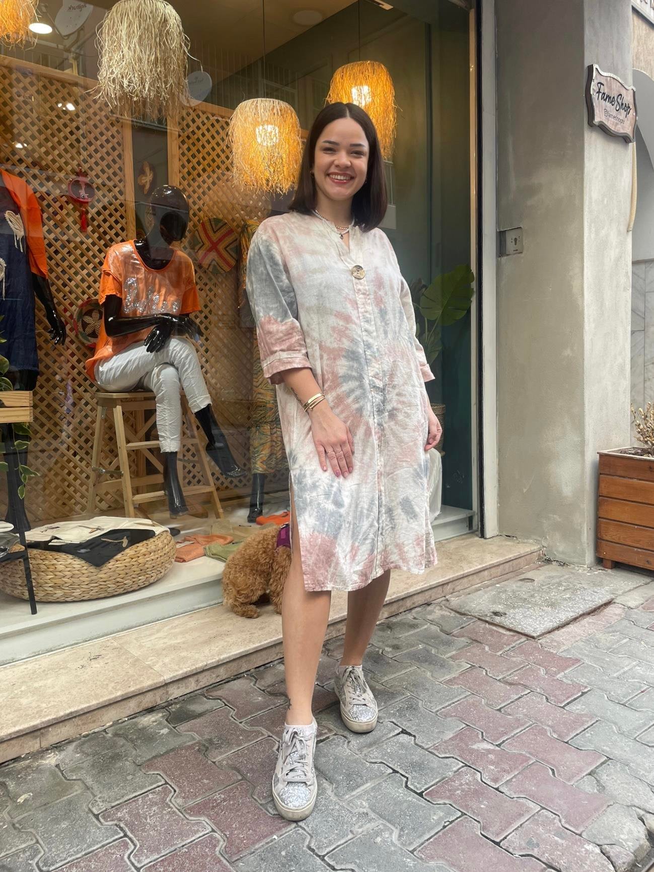 Pudra Batik Desenli Ham Keten Elbise