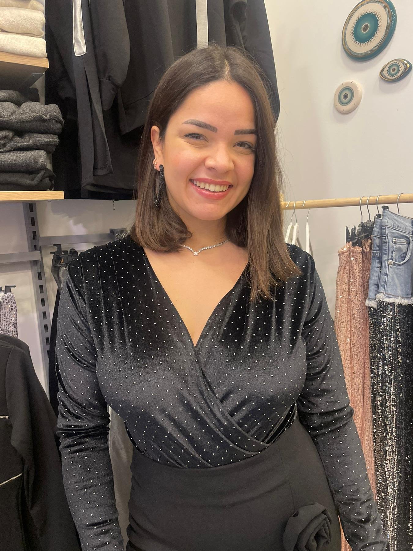 Siyah Kadife Taşlı Bodysuit