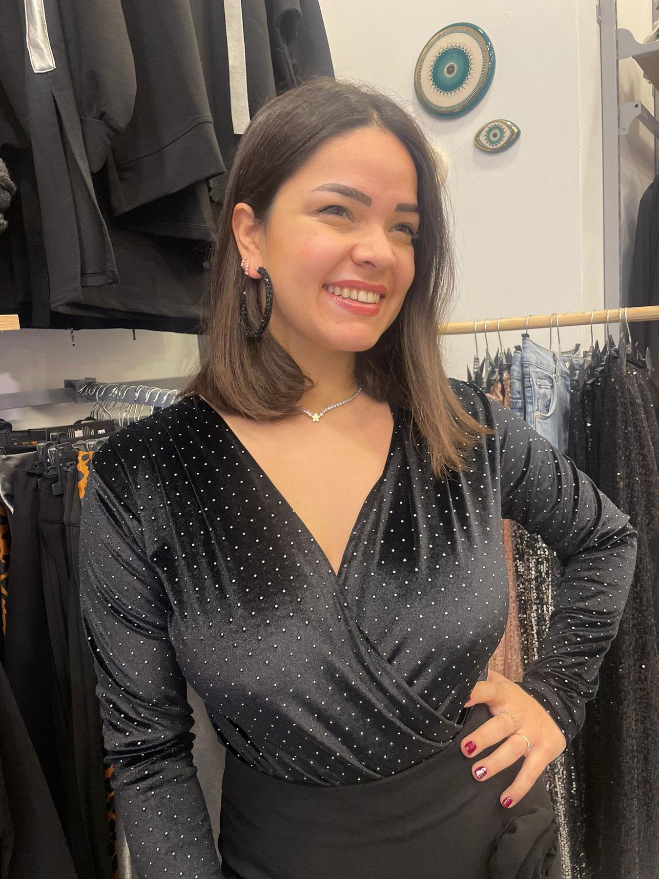 Siyah Kadife Taşlı Bodysuit