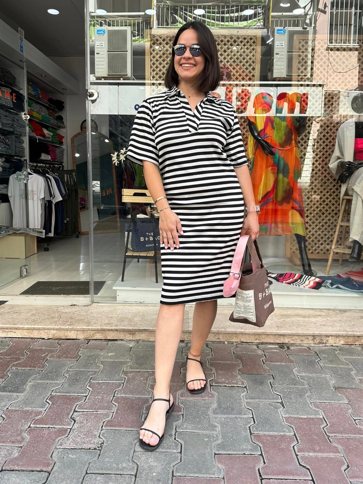 Yakalı Çizgili Elbise