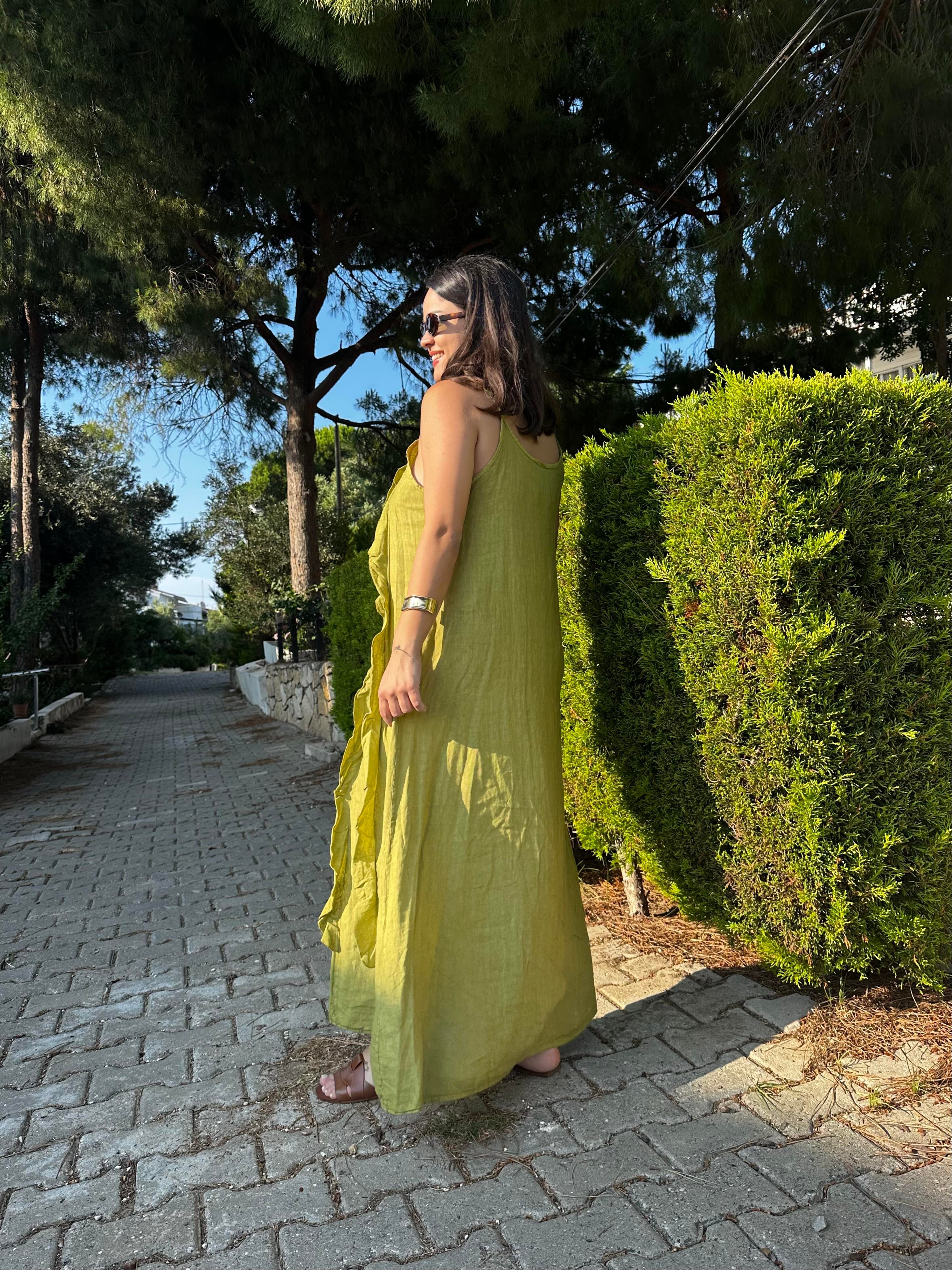 Yeşil Askılı Keten Elbise