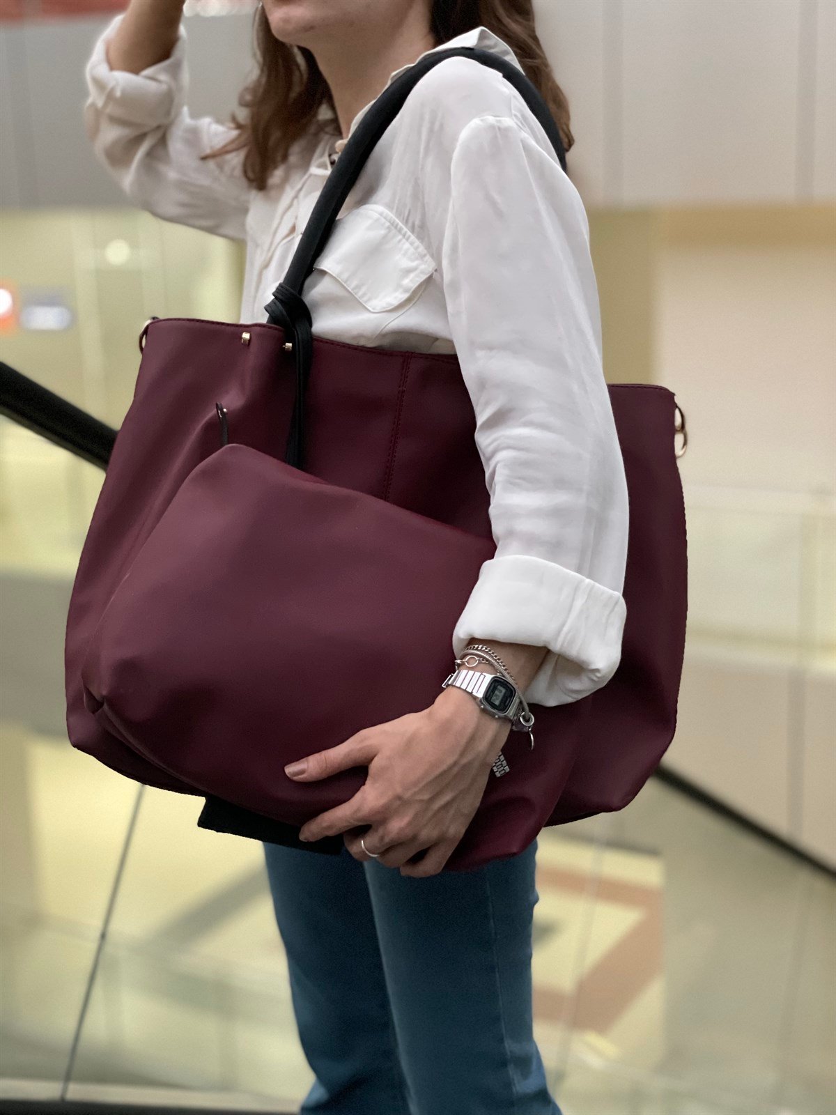 Laura Paraşüt Kumaş 3 Parça Büyük Omuz Çantası
