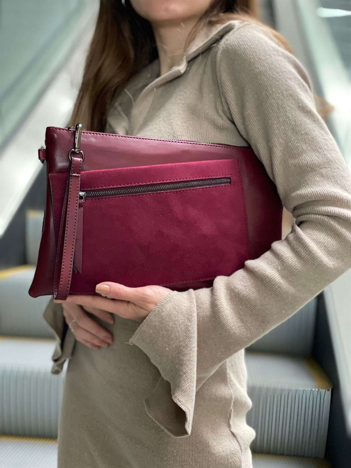 Süet Detaylı El Portföyü/Clutch 